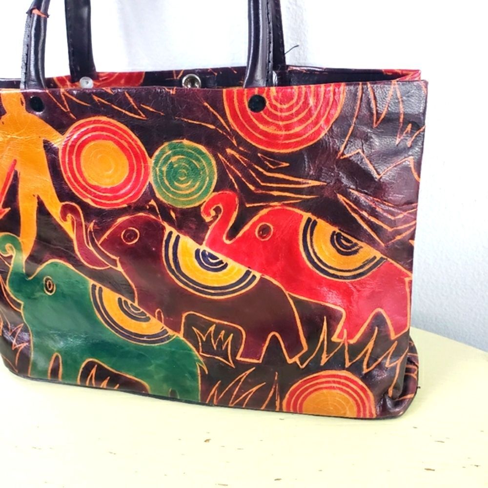 Women's Vintage Handmade Leather Colorful Elephant Snap Handbag Purse - Picture 2 of 12